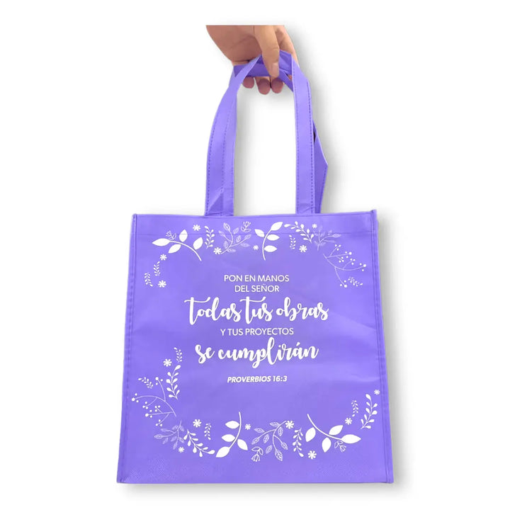 Bolsa de tela Tote bag lila. Pon en manos del Señor