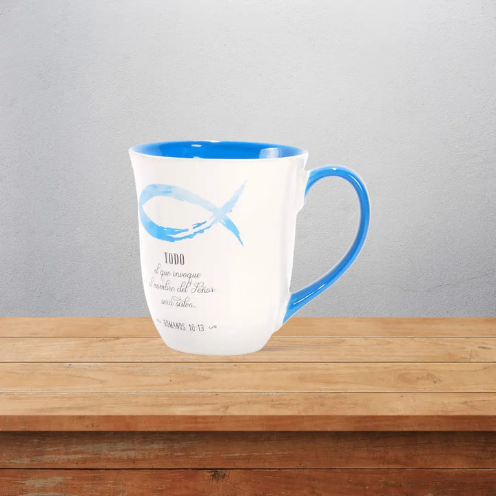 Taza grande (17.5oz) con versículo Romanos 10:13. Colección Primavera. Todo el que invoque